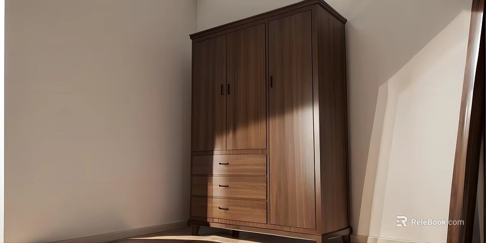 Modern Walnut Wood Wardrobe with Cabinet Doors and Drawers in Natural Light Interior 3d model 