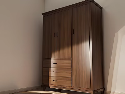 Modern Walnut Wood Wardrobe with Cabinet Doors and Drawers in Natural Light Interior 3d model