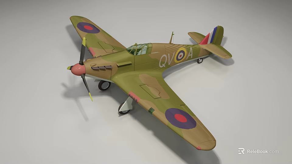 Vintage Fighter Aircraft with Green Camouflage Paint and Round Insignia on Wings and Propeller Design 3d model 