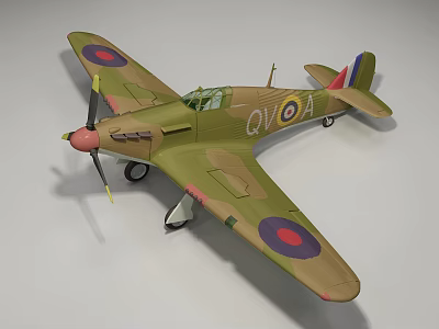Vintage Fighter Aircraft with Green Camouflage Paint and Round Insignia on Wings and Propeller Design 3d model