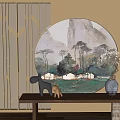 Elegant Console Table Interior Design with Circular Landscape Painting and Ceramic Vase 3d model