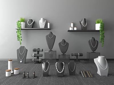 Jewelry Display Setup With Necklace Mannequins Earring Stands Green Plants And Shelves 3d model