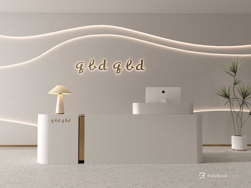 Modern White Store Front Desk With Wavy LED Lights Table Lamp Laptop And Green Plant 3d model 
