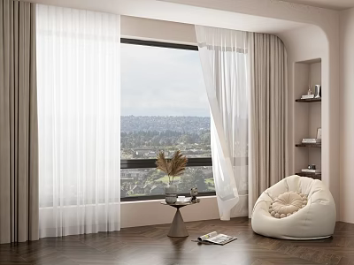 Sheer White Curtains With Gray Drapes For Cozy Window View And Cityscape Interior 3d model