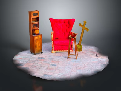 Stylish Furniture Display With Red Armchair Wooden Bookshelf And Small Stool 3d model