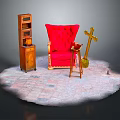 Stylish Furniture Display With Red Armchair Wooden Bookshelf And Small Stool