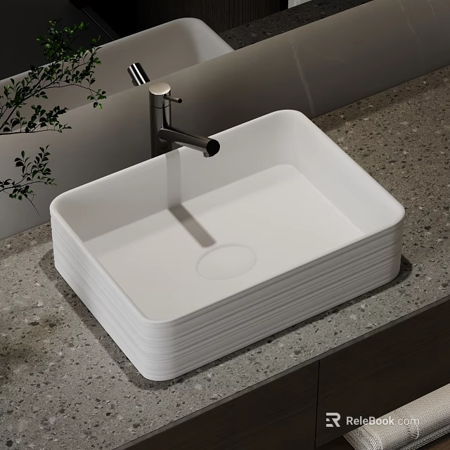 White Square Bathroom Washbasin With Silver Faucet On Gray Countertop And Green Plants 3d model 