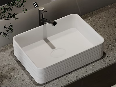White Square Bathroom Washbasin With Silver Faucet On Gray Countertop And Green Plants 3d model