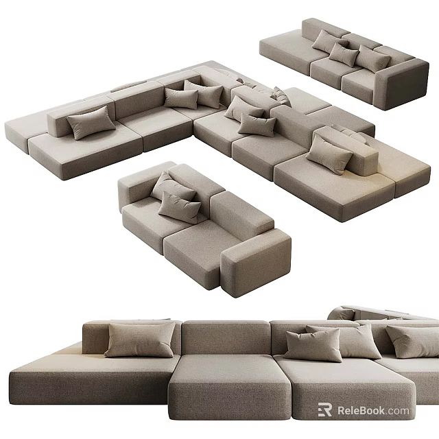 Modern Modular Sectional Sofa With Beige Fabric Multiple Cushions And Various Configurations 3d model 
