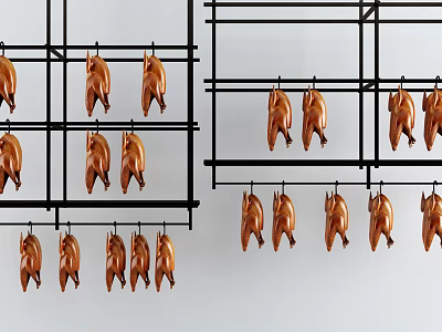Fresh Roast Chickens Hanging On Racks Displayed In A Row For Viewing 3d model