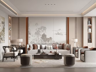 New Chinese-style Living Room Sofa Coffee Table Combination Three-person Sofa Leisure Chair Single-person Sofa Coffee Table Background Wall 3d model