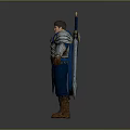 Man in Blue Medieval Warrior Armor with Silver Shoulder Plates Sword and Brown Boots