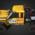 Yellow Modified Off Road Truck With Number 134 Roof Lights And Big Tires