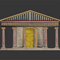 Ancient Greek Temple Building With Orange Roof Pink Columns And Gold Capitals