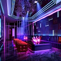 Modern KTV Interior Design With Purple Lighting Sofas Bar Counter And Wine Bottles