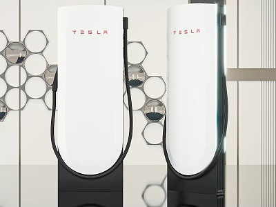 Tesla Public Charging Stations With White Modern Design And Charging Cables 3d model
