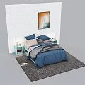 Background Double Bed With White Patterned Wall Artwork Blue Quilt Nightstand Lamp And Gray Rug 3d model