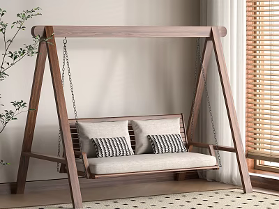 Wooden Frame Outdoor Swing Chair with Striped Cushions and Indoor Plant Near Window Blinds 3d model