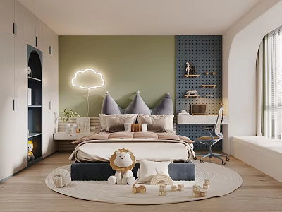 Kids Room Design With Cloud Shaped Lamp Stuffed Lion Alpaca Toys Round Rug Desk Bookshelf 3d model