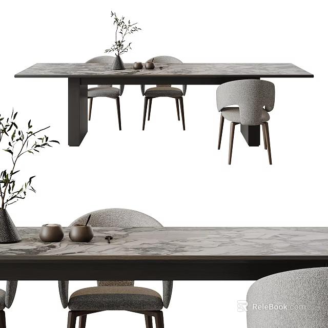 Minimalist Dining Table Set With Comfortable Chairs And Decorative Vase Teacups 3d model