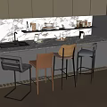 Modern Kitchen Counter With Colorful Bar Stools And Kitchen Supplies 3d model