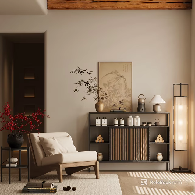 Elegant Oriental Entryway Cabinet And Side Cabinet With Bamboo Plant And Table Lamp 3d model 
