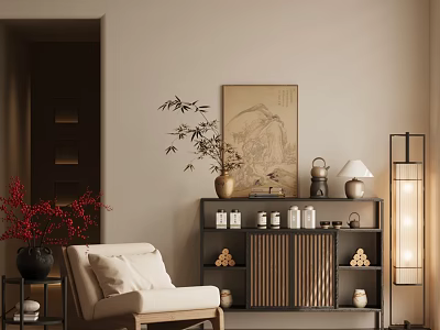 Elegant Oriental Entryway Cabinet And Side Cabinet With Bamboo Plant And Table Lamp 3d model