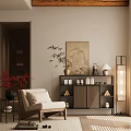 Elegant Oriental Entryway Cabinet And Side Cabinet With Bamboo Plant And Table Lamp