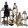 Fashion Models Displaying Stylish Clothing Handbags And Red High Heels On Black Metal Wood Racks