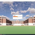 Symmetrical Red Brick School Buildings With Green Playground Under Blue Sky
