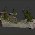 Cartoon Scene with Small Houses Pink Roofs Pine Trees Green Grass and Path
