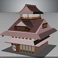 Traditional Japanese Style Multi Story Building With Pink Roof Red Lanterns And Wooden Balcony