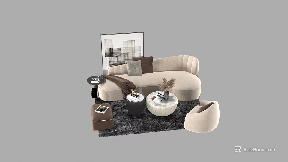 Beige Curved Sofa Coffee Table Set With Black White Pillows Rug And Wall Art 3d model 