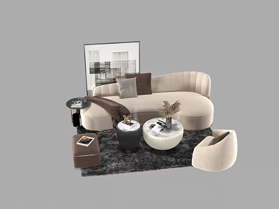 Beige Curved Sofa Coffee Table Set With Black White Pillows Rug And Wall Art 3d model