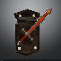 Red Sword With Silver Gold Accents Leaning On Brown Wooden Shield With Ornate Design