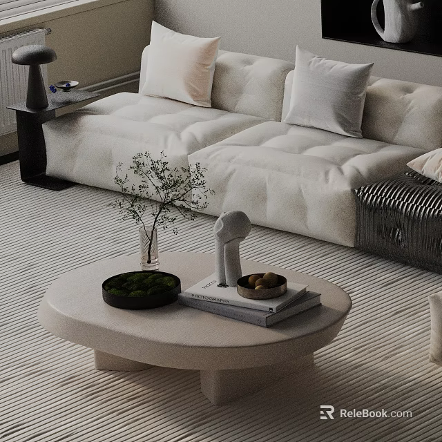 Modern Beige Sofa and Round Coffee Table Set With Pillows Green Plant and Books 3d model 