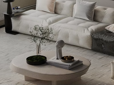 Modern Beige Sofa and Round Coffee Table Set With Pillows Green Plant and Books 3d model