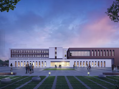 Modern School Building Exterior With Plaza Lawn And Evening Sky 3d model