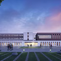 Modern School Building Exterior With Plaza Lawn And Evening Sky