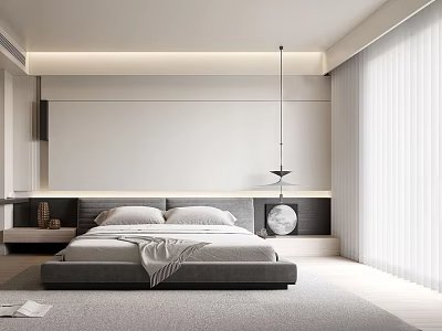 Sleek Modern Bedroom Interior With Grey Platform Bed Pendant Light And Curtains 3d model