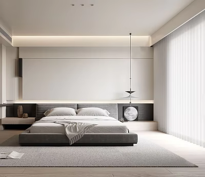 Sleek Modern Bedroom Interior With Grey Platform Bed Pendant Light And Curtains 3d model