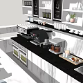 Functional Coffee Shop Counter With Marble Top Coffee Machine Display Shelves And Green Plant