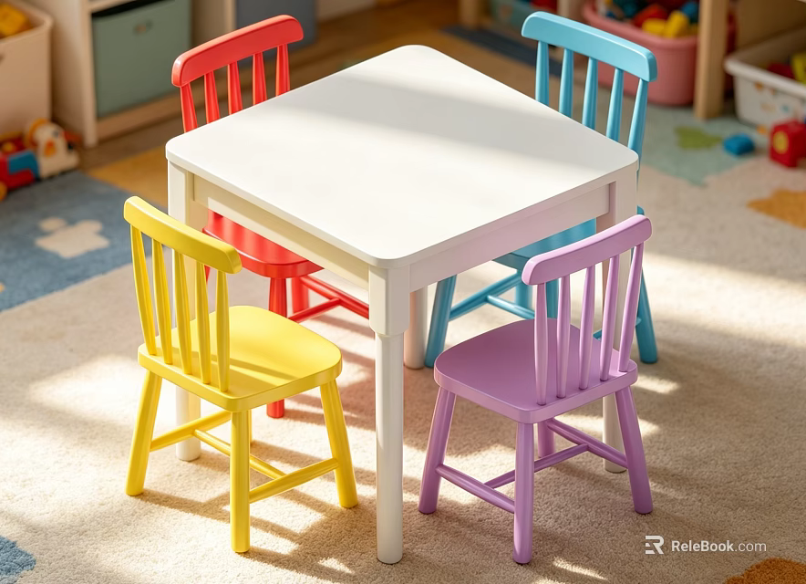 White Wooden Children's Table With Colorful Chairs For Kids Room Play Space 3d model 
