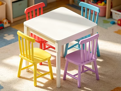 White Wooden Children's Table With Colorful Chairs For Kids Room Play Space 3d model