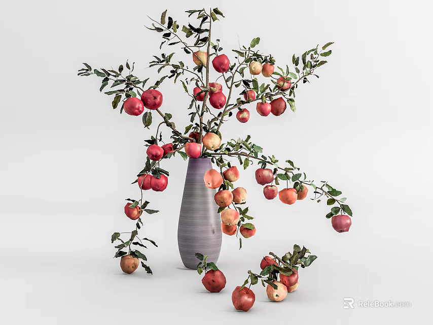 Decorative Vase With Apple Branches And Green Leaves Surrounded By Scattered Apples 3d model 