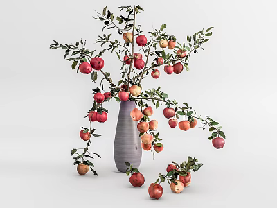 Decorative Vase With Apple Branches And Green Leaves Surrounded By Scattered Apples 3d model