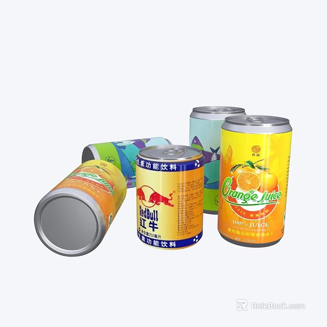 Canned Beverages Including Orange Juice Energy Drink And Coconut Flavored Drinks With Colorful Cans 3d model 