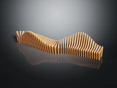Modern Wave Shaped Public Chair With Wooden Slats And Curved Design Structure 3d model