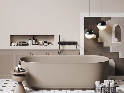 Modern Beige Bathtub Interior Design With Cabinets Wall Decor And Pendant Lights 3d model