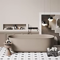 Modern Beige Bathtub Interior Design With Cabinets Wall Decor And Pendant Lights